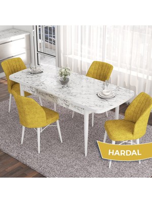 Canisa Concept Eva Serisi 80X132 Açılabilir Mdf Beyaz Mermer Desen Masa Mutfak Masa Takımı ve 4 Sandalye