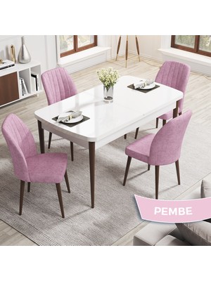 Canisa Concept Rio Serisi 80X132 Mdf Açılabilir Beyaz Masa Ceviz Ayak Mutfak Masası Takımı 4 Adet Sandalye