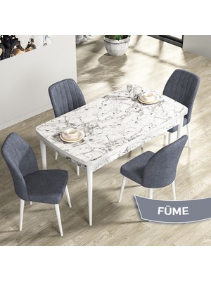 Canisa Concept Rio Serisi 80X132 Mdf Açılabilir Beyaz Mermer Desen Mutfak Masası Takımı 4 Adet Sandalye