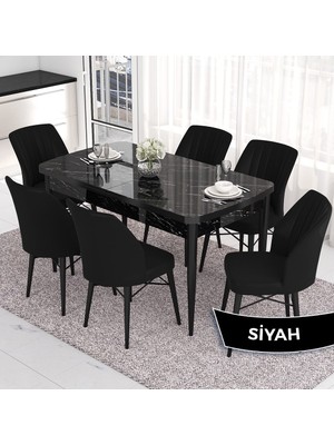 Canisa Concept Eva Serisi 80X132 Açılabilir Mdf Siyah Mermer Desen Masa Mutfak Masa ve 6 Sandalye