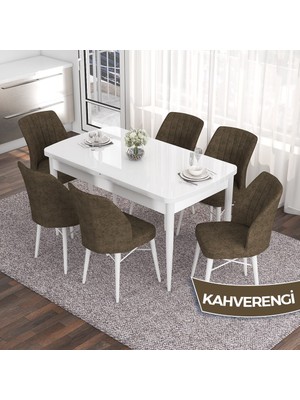 Canisa Concept Eva Serisi 80X132 Açılabilir Mdf Beyaz Mutfak Masa Takımı ve 6 Sandalye