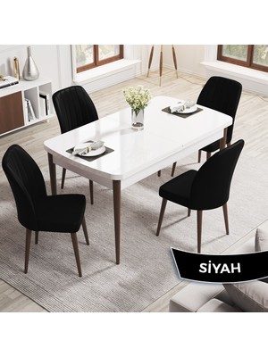 Canisa Concept Rio Serisi 80X132 Mdf Açılabilir Beyaz Masa Ceviz Ayak Mutfak Masası Takımı 4 Adet Sandalye