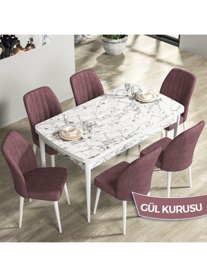 Canisa Concept Rio Serisi 80X132 Mdf Açılabilir Beyaz Mermer Desen Mutfak Masası Takımı 6 Adet Sandalye