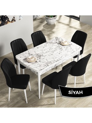 Canisa Concept Rio Serisi 80X132 Mdf Açılabilir Beyaz Mermer Desen Mutfak Masası Takımı 6 Adet Sandalye