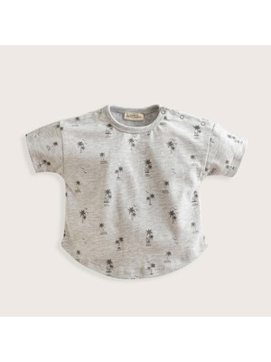 Chakra Tropic Düğmeli Baskılı Tshirt Gri Melanj