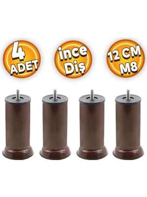 Badem10 Mobilya Baza Koltuk Kanepe Çekyat Yükseltme Ayağı Ince Diş Metal M8 Kahve Ayakları 12 Cm 4 Adet