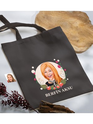 Bk Gift Kişiye Özel Anneler Günü Karikatürlü Antrasit  Kumaş Bez Çanta, Baskılı Omuz Çantası, Alışveriş Çantası, Anneye Hediye-1