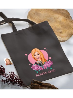Bk Gift Kişiye Özel Anneler Günü Karikatürlü Antrasit  Kumaş Bez Çanta, Baskılı Omuz Çantası, Alışveriş Çantası, Anneye Hediye-2
