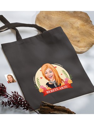 Bk Gift Kişiye Özel Anneler Günü Karikatürlü Antrasit  Kumaş Bez Çanta, Baskılı Omuz Çantası, Alışveriş Çantası, Anneye Hediye-6
