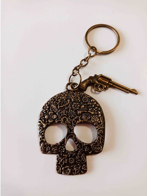 Piramigo Sugar Kuru Kafa Sugar Skull ve Tabanca Bronz Anahtarlık Kutulu