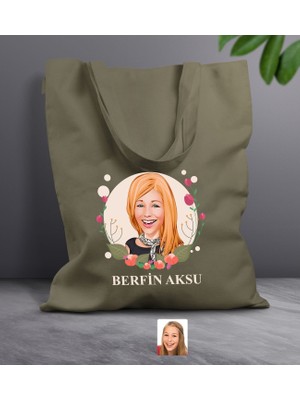 Bk Gift Kişiye Özel Anneler Günü Karikatürlü Haki Kumaş Bez Çanta