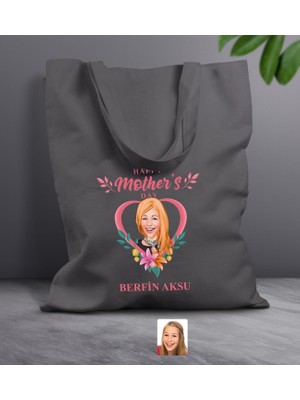 Bk Gift Kişiye Özel Anneler Günü Karikatürlü Antrasit  Kumaş Bez Çanta