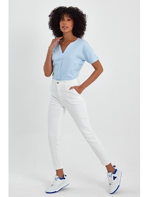 Vena Kadın Jean Pantolon Beyaz Renkli Beli Lastikli Günlük Stil Dar Paça