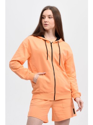 Defy's Alya Kadın %100 Pamuk 2 İplik Şardonsuz Oversize Kapüşonlu Fermuarlı Oranj Sweatshirt