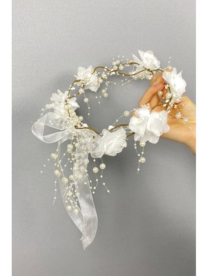 Hobigram Beyaz Lazer Çiçekli Incili Özel Tasarım Nedime Tacı Dış Çekim Tacı