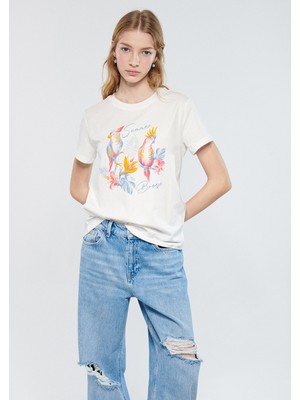 Mavi Kadın Kuş Baskılı Beyaz Tişört 1611505-81202