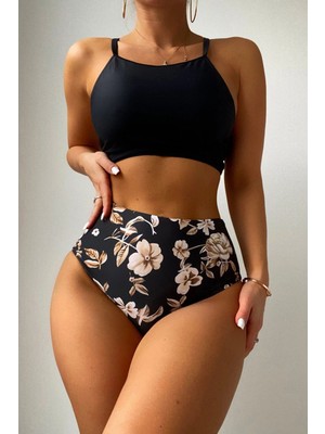 Angelsin Yüksek Bel Baskılı Tankini Bikini Takım