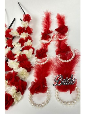 Hobigram Kırmızı Krem Lazer Çiçekli Nedime Tacı ve Nedime Bilekliği Seti 12 Adet