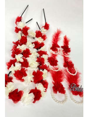 Hobigram Kırmızı Krem Lazer Çiçekli Nedime Tacı ve Nedime Bilekliği Seti 12 Adet