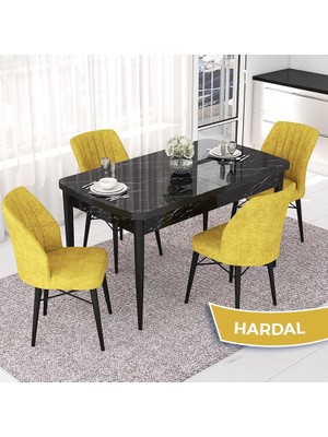 Canisa Concept Nef Serisi 70X114 Açılabilir Mdf Siyah Mermer Desen Mutfak Masa Takımı 4 Sandalye