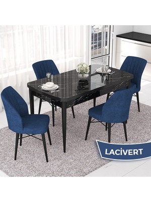 Canisa Concept Nef Serisi 70X114 Açılabilir Mdf Siyah Mermer Desen Mutfak Masa Takımı 4 Sandalye