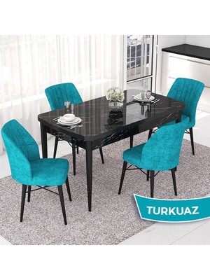 Canisa Concept Nef Serisi 70X114 Açılabilir Mdf Siyah Mermer Desen Mutfak Masa Takımı 4 Sandalye