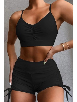 Angelsin Yanlardan Ayarlı Büzgülü Deniz Şortlu Tankini Bikini Takım