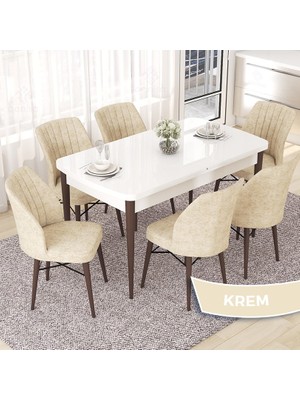 Canisa Concept Nef Serisi 70X114 Beyaz Masa Ceviz Ayak Açılabilir Mdf Mutfak Masa Takımı 6 Sandalye