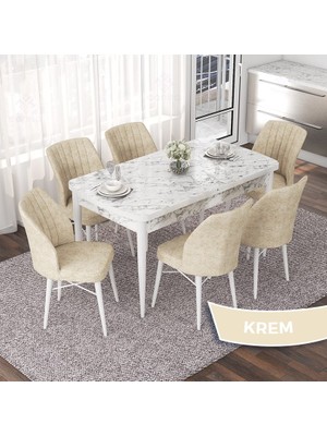 Canisa Concept Nef Serisi 70X114 Açılabilir Mdf Beyaz Mermer Desen Mutfak Masa Takımı 6 Sandalye