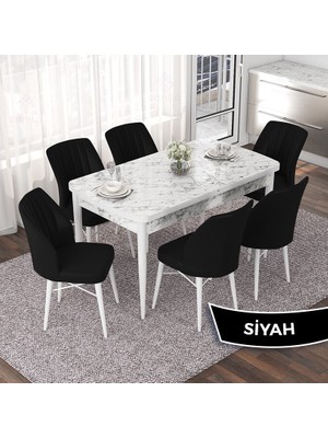 Canisa Concept Nef Serisi 70X114 Açılabilir Mdf Beyaz Mermer Desen Mutfak Masa Takımı 6 Sandalye