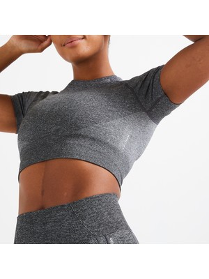 Decathlon DOMYOS Kadın Koyu Gri Spor Tişörtü 900 - Crop Top - Fitness Kardiyo