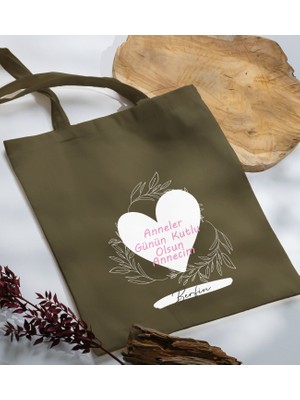 Bk Gift Kişiye Özel Isimli Anneler Günü Tasarımlı Haki Kumaş Bez Çanta