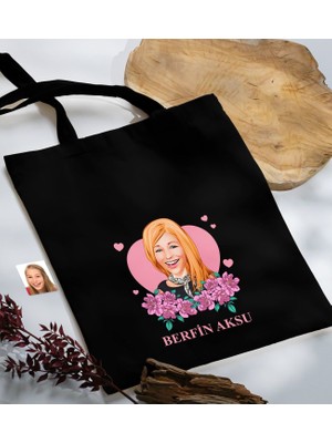 Bk Gift Kişiye Özel Anneler Günü Karikatürlü Siyah Kumaş Bez Çanta