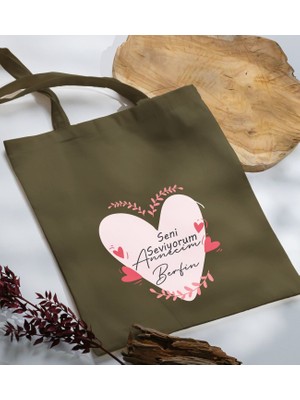Bk Gift Kişiye Özel Isimli Anneler Günü Tasarımlı Haki Kumaş Bez Çanta0