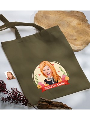 Bk Gift Kişiye Özel Anneler Günü Karikatürlü Haki Kumaş Bez Çanta