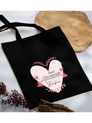 Bk Gift Kişiye Özel Isimli Anneler Günü Tasarımlı Siyah Kumaş Bez Çanta0
