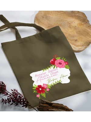 Bk Gift Kişiye Özel Isimli Anneler Günü Tasarımlı Haki Kumaş Bez Çanta