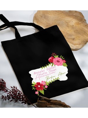 Bk Gift Kişiye Özel Isimli Anneler Günü Tasarımlı Siyah Kumaş Bez Çanta