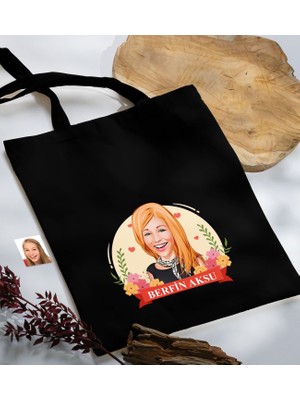 Bk Gift Kişiye Özel Anneler Günü Karikatürlü Siyah Kumaş Bez Çanta
