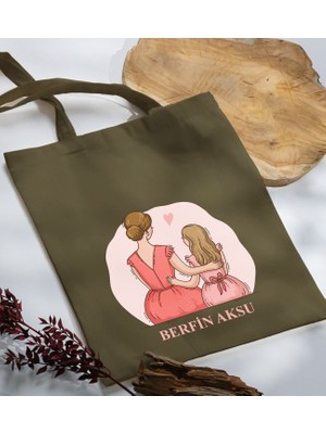 Bk Gift Kişiye Özel Isimli Anneler Günü Tasarımlı Haki Kumaş Bez Çanta