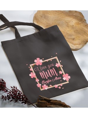Bk Gift Kişiye Özel Isimli Anneler Günü Tasarımlı Antrasit Kumaş Bez Çanta