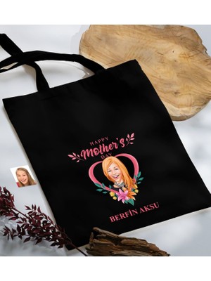 Bk Gift Kişiye Özel Anneler Günü Karikatürlü Siyah Kumaş Bez Çanta