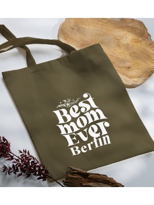 Bk Gift Kişiye Özel Isimli Anneler Günü Tasarımlı Haki Kumaş Bez Çanta