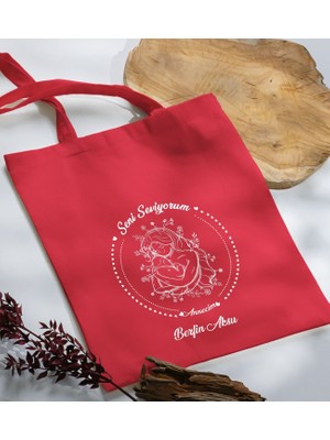 Bk Gift Kişiye Özel Isimli Anneler Günü Tasarımlı Kırmızı Kumaş Bez Çanta