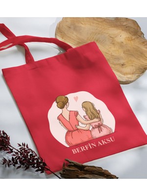 Bk Gift Kişiye Özel Isimli Anneler Günü Tasarımlı Kırmızı Kumaş Bez Çanta