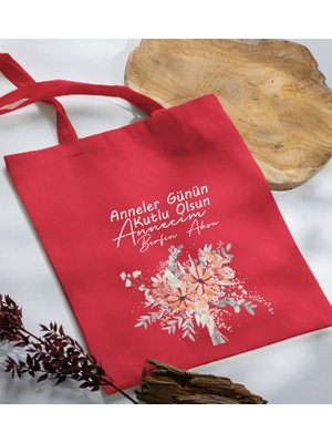 Bk Gift Kişiye Özel Isimli Anneler Günü Tasarımlı Kırmızı Kumaş Bez Çanta
