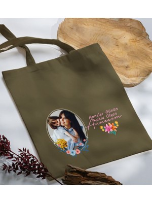 Bk Gift Kişiye Özel Fotoğraflı Anneler Günü Tasarımlı Haki Kumaş Bez Çanta