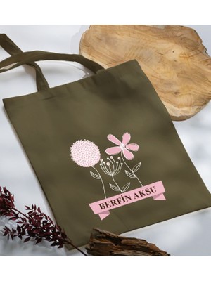 Bk Gift Kişiye Özel Isimli Anneler Günü Tasarımlı Haki Kumaş Bez Çanta