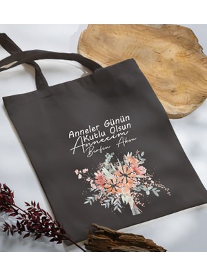 Bk Gift Kişiye Özel Isimli Anneler Günü Tasarımlı Antrasit Kumaş Bez Çanta