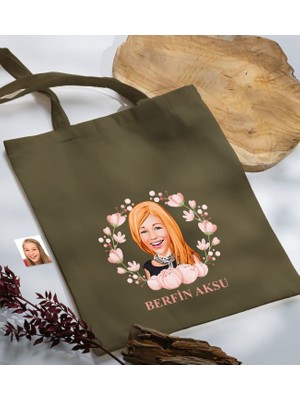 Bk Gift Kişiye Özel Anneler Günü Karikatürlü Haki Kumaş Bez Çanta